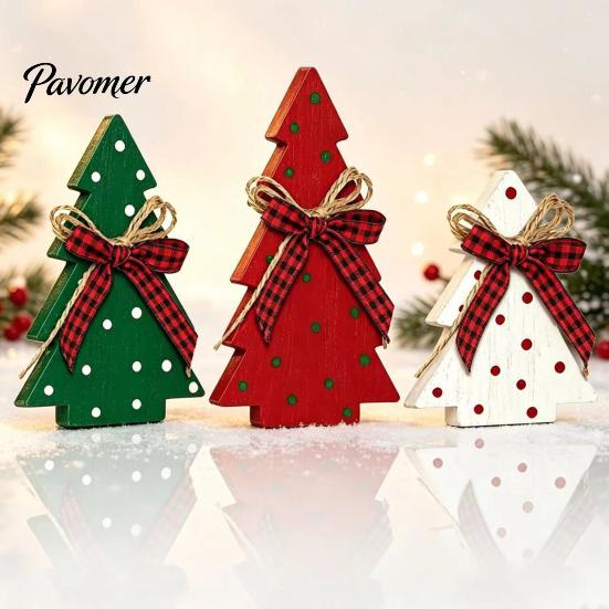 Vintage Country Style Home Accents 3Pcs Wooden Christmas Tree Ornaments with Plaid and Hemp Rope Bow, Rustic Farmhouse Small Figurines Polka Dot Xmas