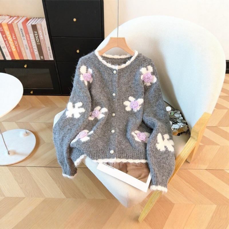 Heavy industry flower embroidered jacquard sweater cardigan women's autumn and winter temperament sweet soft waxy knitted coat