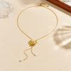 Gold Plated Bowknot Faux Pearl Y-Shape Snake Chain Necklace for Women Stainless Steel