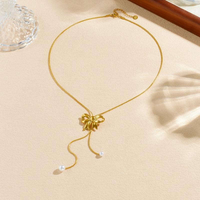 Gold Plated Bowknot Faux Pearl Y-Shape Snake Chain Necklace for Women Stainless Steel золотой