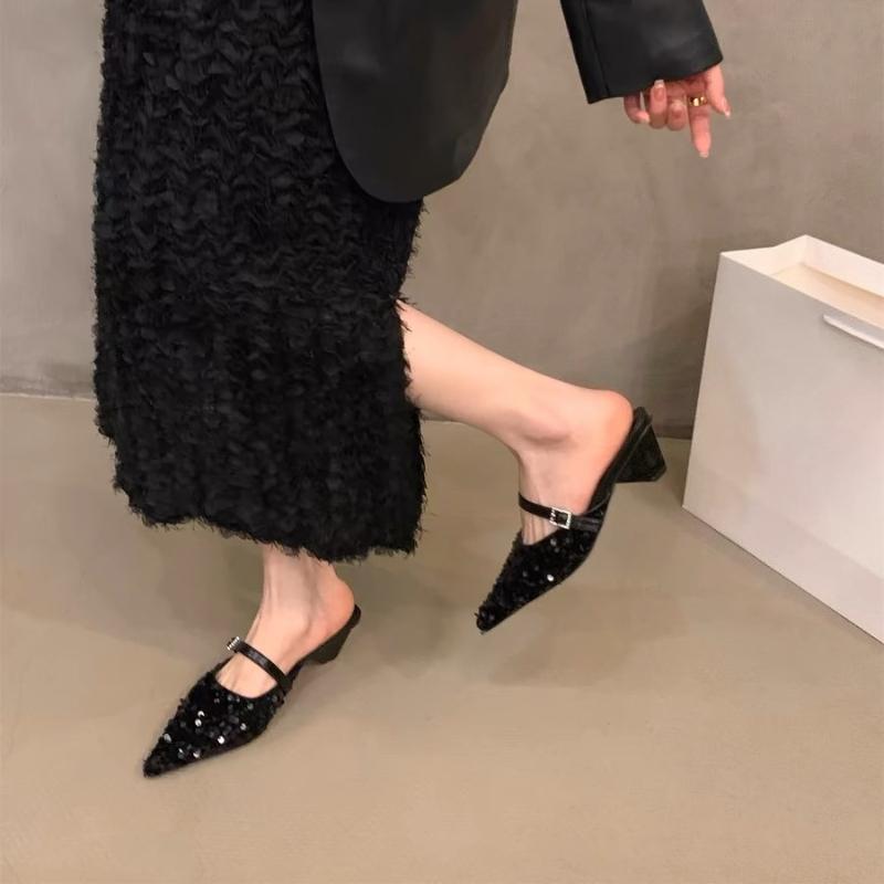 

Мода 2025 Новая обувь Женские тапочки и женские сандалии Остроносые шлепанцы на каблуке Сексуальный новый стиль Дизайнерские роскошные сандалии Размер 35 чёрный