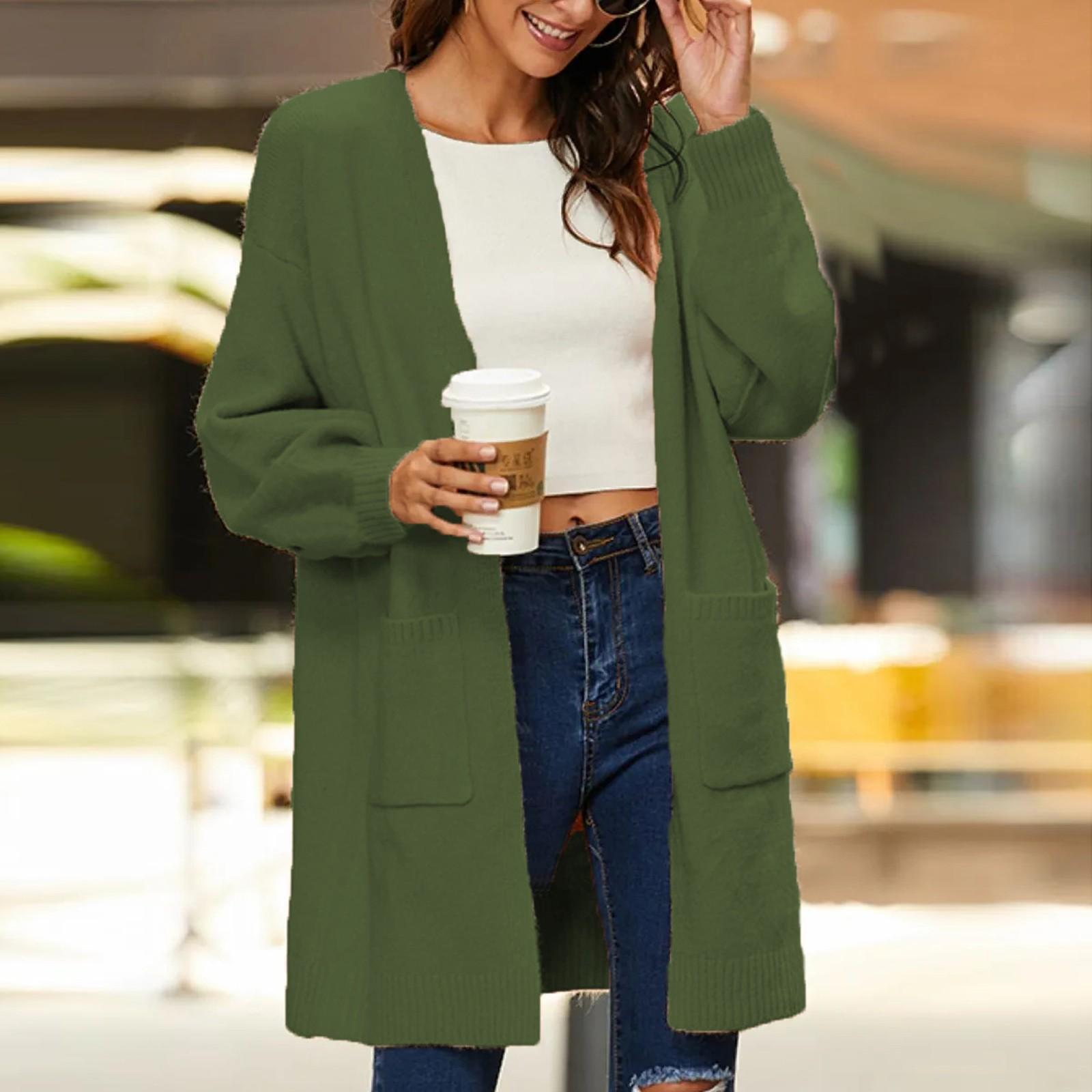

Женский однотонный повседневный кардиган с длинными рукавами и карманами, вязаный универсальный свободный свитер-куртка L армия зеленый