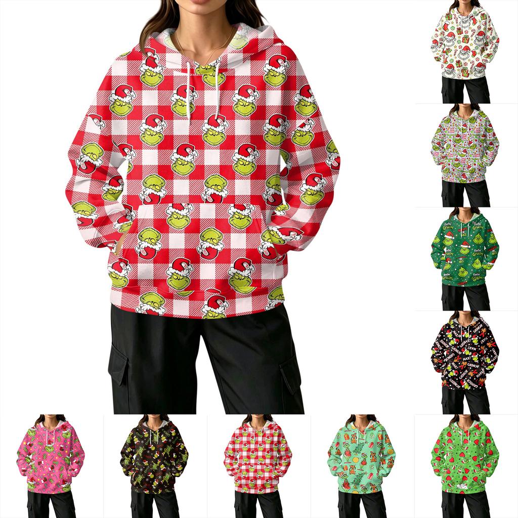 Women's Fashion Casual Christmas Print Hooded Sweatshirt with Pockets