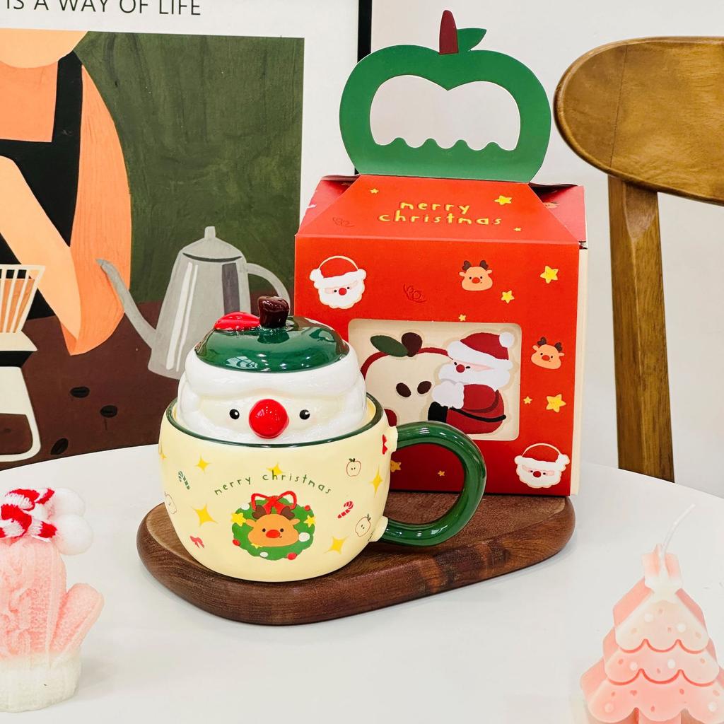 Neues Produkt mit Deckel Weihnachtsapfel Keramiktasse Hochwertiges Set Becher Souvenir Cartoon Niedlich Handbecher Geschenk
