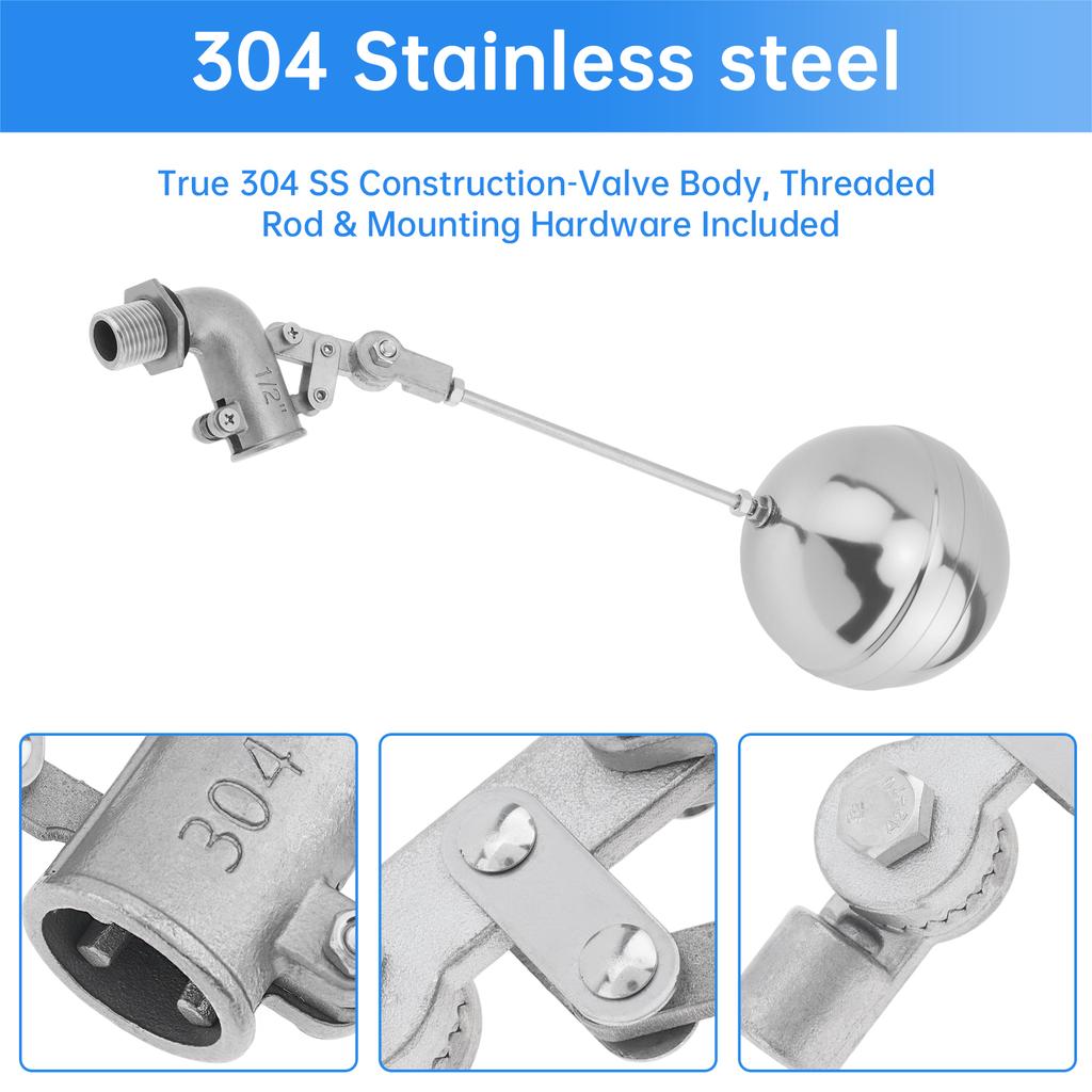 304 Nerezový Nastavitelný Plovákový Ventil Těžký Provoz 3/4 na 1/2 Palcový Adaptér Automatická Kontrola Vody Domácnost Nádrže na Vodu pro Hospodářská Zvířata
