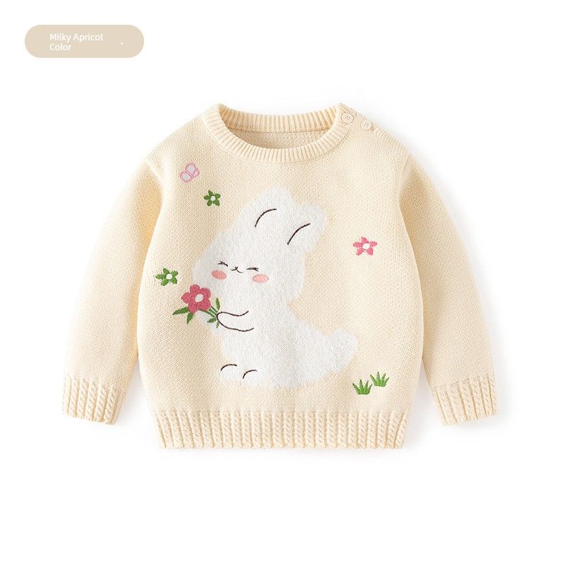 Baby Girl Bunny Clothes, Girls' Sweater, Autumn and Winter Pure Cotton Knitwear, Children's Long-Sleeved Pullover Knitwear