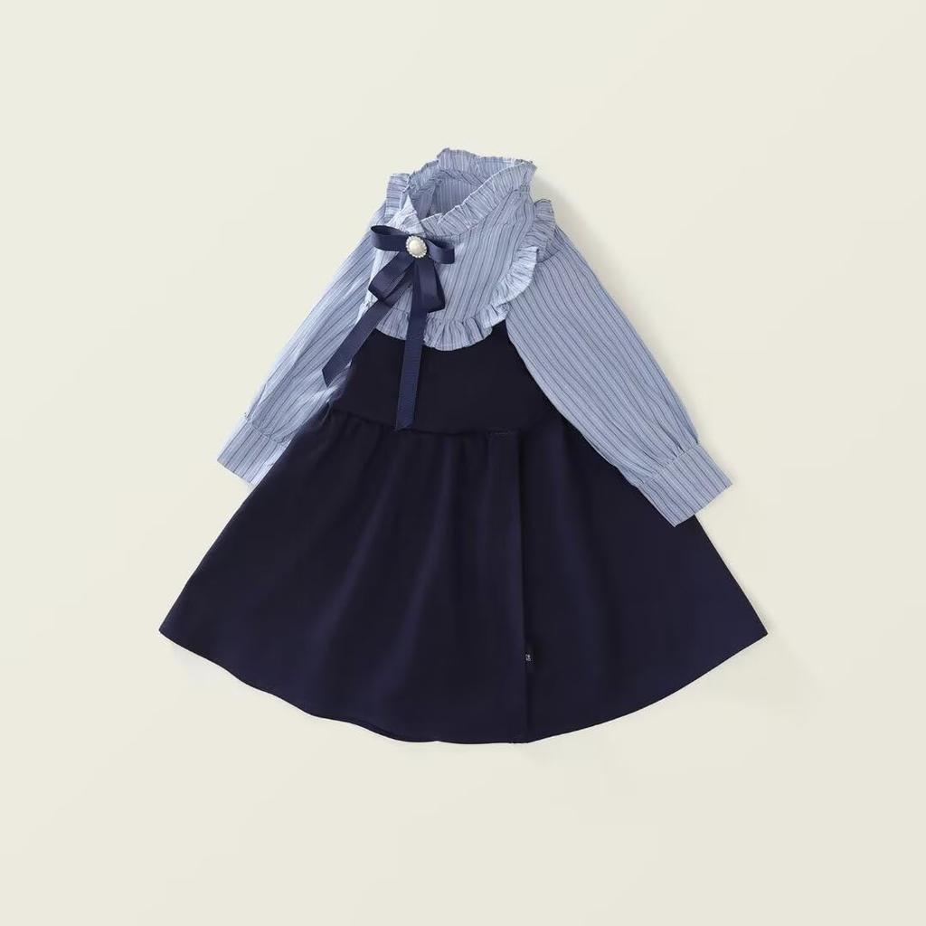 Kuhvvse Formal Cute Dress with Long Striped Perfect for Entrance Sizes 120 Girls' Dress, Children's Skirt, Sleeves, Ribbon, School-Style Design,