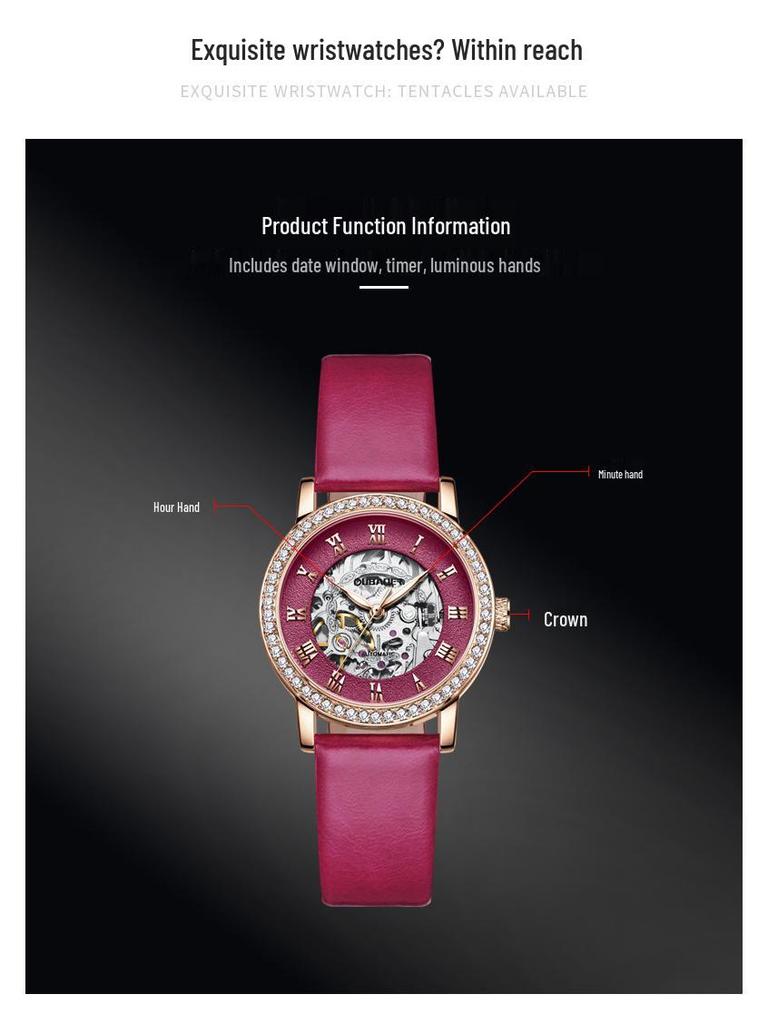 OUBAOER Women's Casual Mechanical Watch with Roman Numeral Dial, Waterproof Design