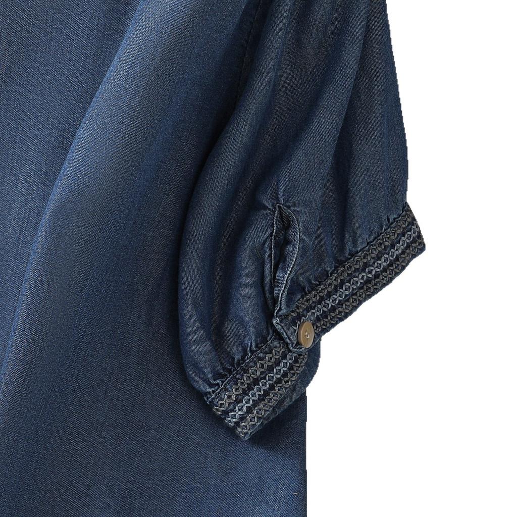 2025 été nouveau t-shirt en tencel denim à manches courtes et col rond pour femme, haut cardigan fin brodé rétro drapé