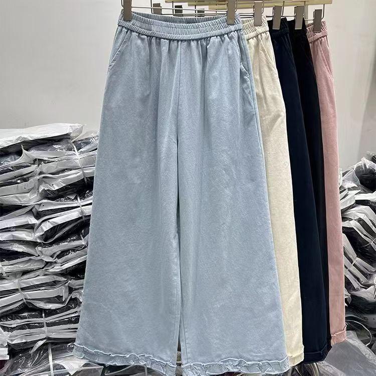

Design-Sense Women s Solid Color Wide-Leg Pants – Summer Elastic Waist, Versatile Loose Fit S светло-синий