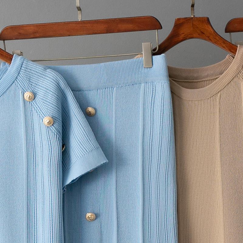 2025 Summer Short-sleeved Versatile Short Knitted T-shirt Top + Half-body Medium and Long Skirt Set
