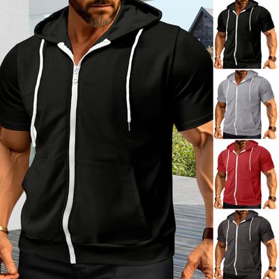 Men's Zip-up Hooded T-Shirt Summer Short Sleeve Hoodie Tee Solid Color Full Zipper Tee Shirt with Pockets for Daily Sports Street Gym