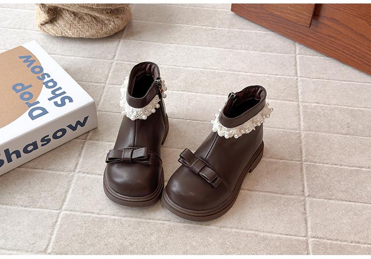British Style Girls Fleece Lined Bow Pearl Lace Martin Ankle Boots