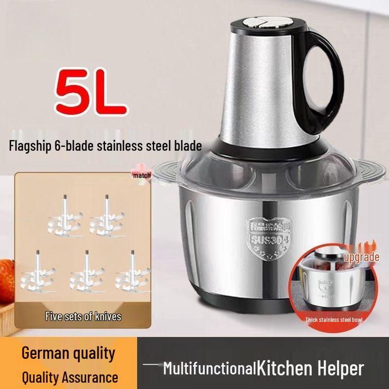 Stainless Steel Electric Meat Grinder & Multi-function Food Processor with Dough Kneading, Garlic Paste, and Vegetable Shredder