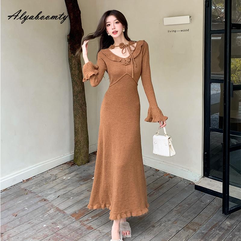 Elegant Fashion Autumn Winter Women Floral Sweater Dress Red Beige Grey Brown Knitting Ruffles Dress Flare Sleeve Feminine Warm Dress
