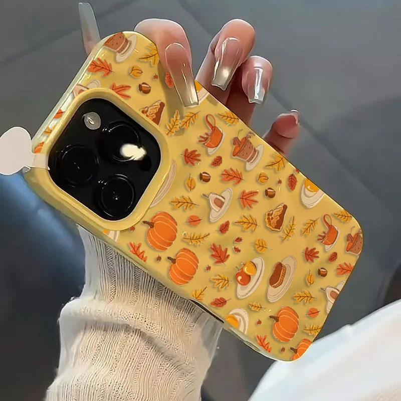 Cartoon Leaves Pumpkin Pattern Phone Case For iPhone 17 Air 11 12 13 14 15 16 Pro Max Plus Folds Texture Shockproof Soft Cover