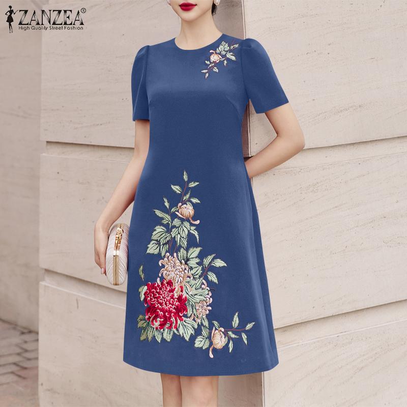 ZANZEA Women Casual Round Neck Short Sleeve Summer Print Dress