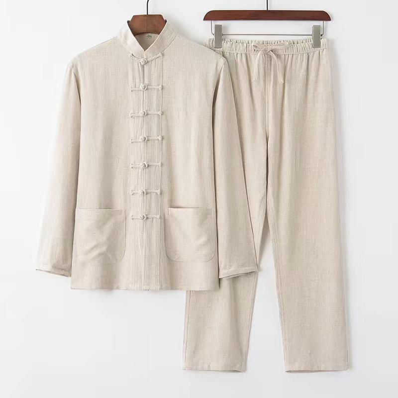 Men's Retro Chinese Style Tang Suit - Cotton and Linen Long-Sleeved Zen Top for Tai Chi.