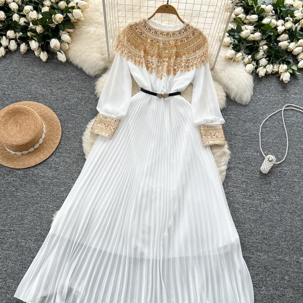 Temperament Robe Femme Maxi Dresses for Women Long Sleeve O-neck Sequin Slim Waist Vintage Pleated Dress 2025 Vestidos De Mujer