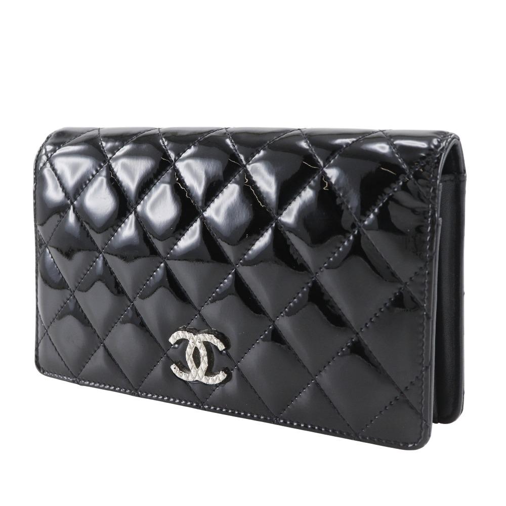 Chanel Matelasse Brilliant Purse A48691 Two-fold Long Wallet Black Enamel Women Used