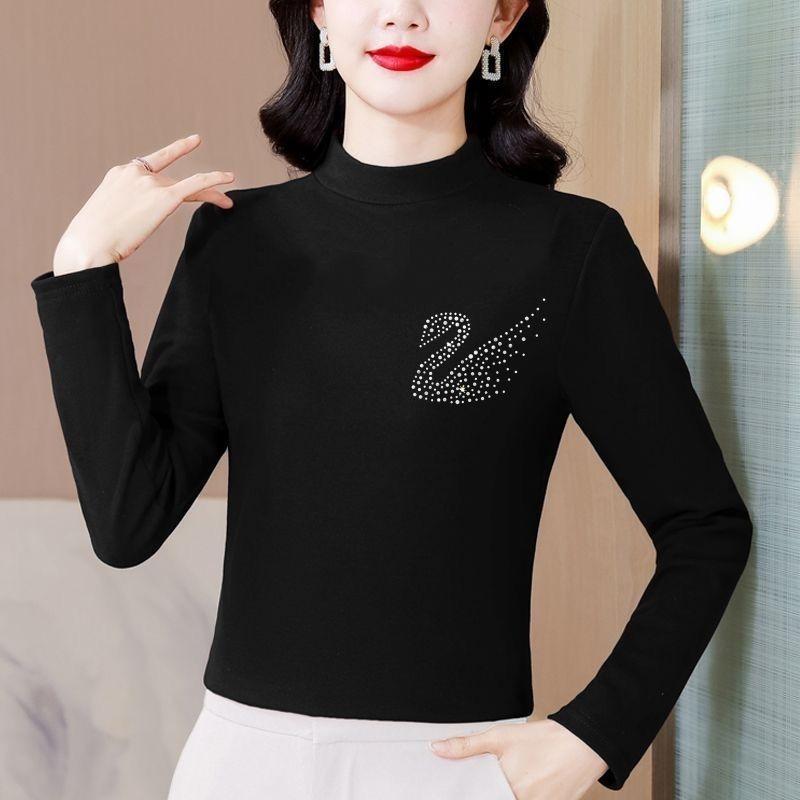 Autumn Winter Style German Velvet Thickened Warm Half Turtle Collar Hot Diamond Pullover Versatile and Comfortable Top for Women