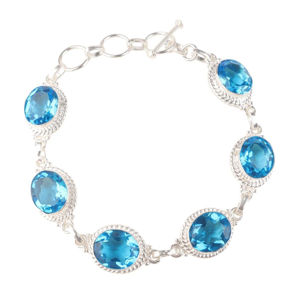 Swiss Blue Topaz  Gemstone 925 Sterling Silver Jewelry Handcrafted Bracelet 8.5" RB-2-9