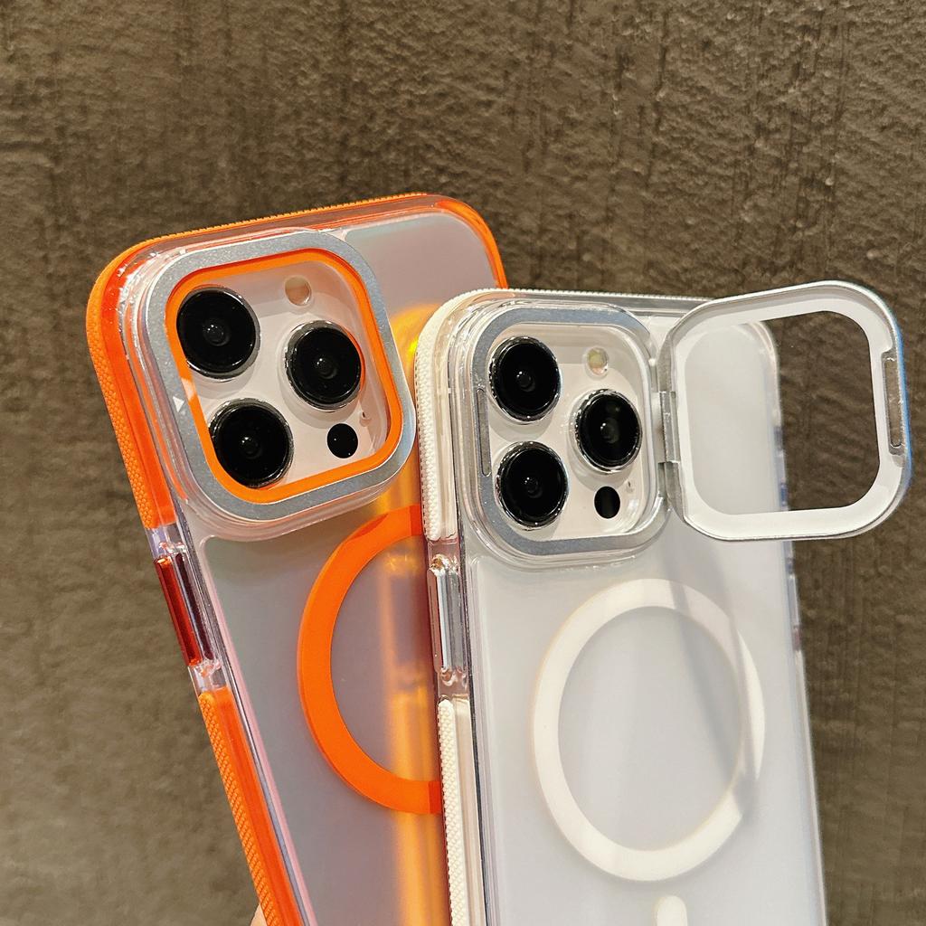 For iPhone 15 Pro Max Magnetic Case TPU Acrylic Phone Back Cover with Lens Film and Kickstand