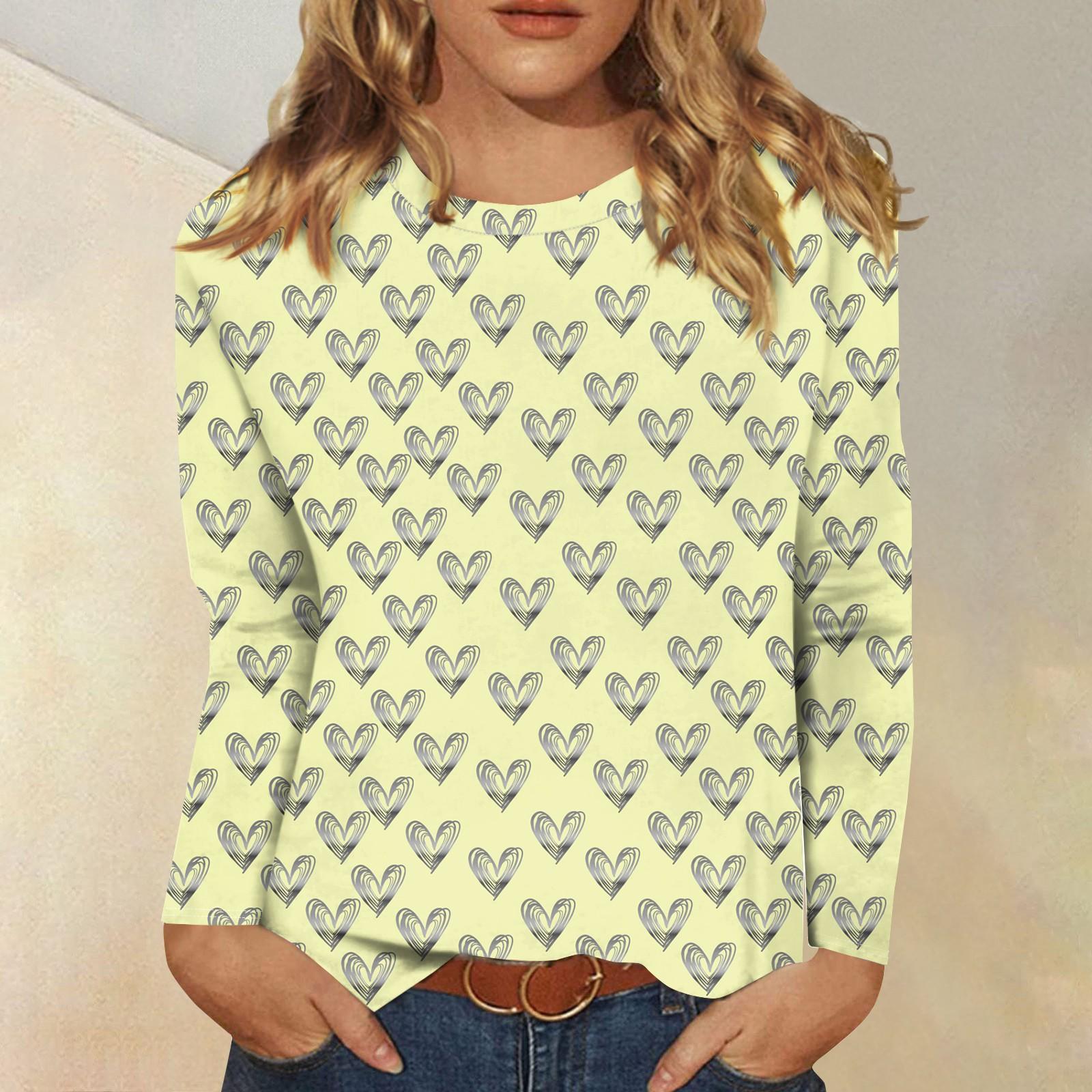 

Рубашки с длинным рукавом для женщин Милые принты Футболки Блузки Повседневные Большие размеры Базовые топы Пуловеры День святого Валентина XXXL жёлтый