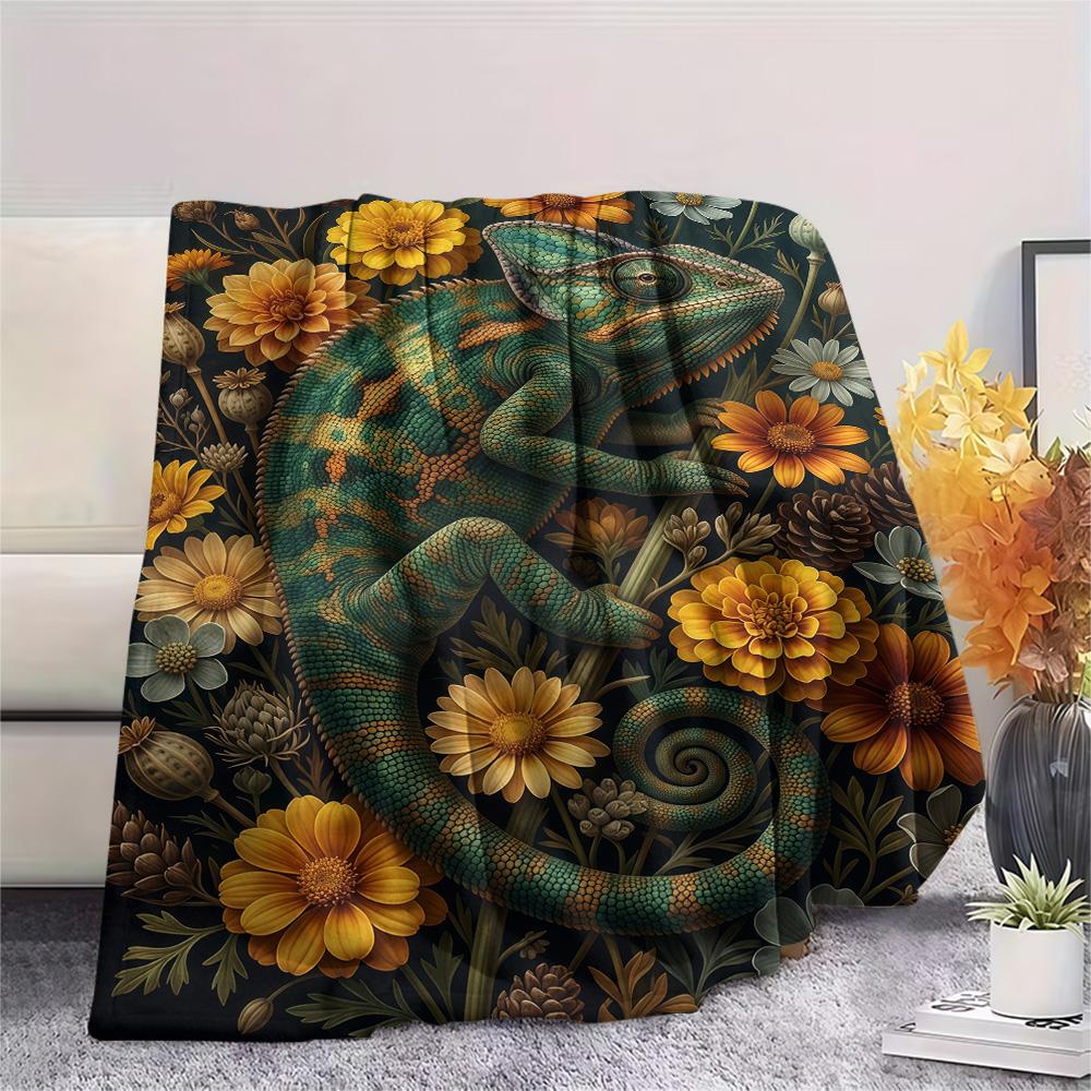 1PC Chameleons and Plants Print FlAannel Blanket, High quality Comfortable for All Seasons, Home Decor, Warmth and Comfort