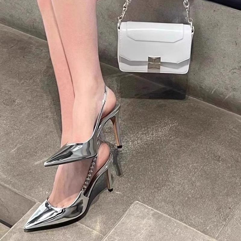 New pointed head shallow mouth rhinestone patent leather silver high heels women's fine heel versatile professional word with bag head sandals summer