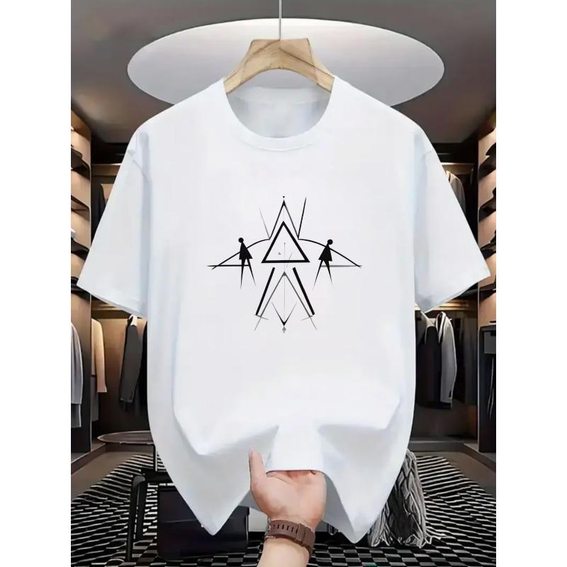 Men'S Black And White Short Sleeve T-Shirt with Geometric Star And Human Patterns, Casual Street Style for Daily Wear And Fashion Matching
