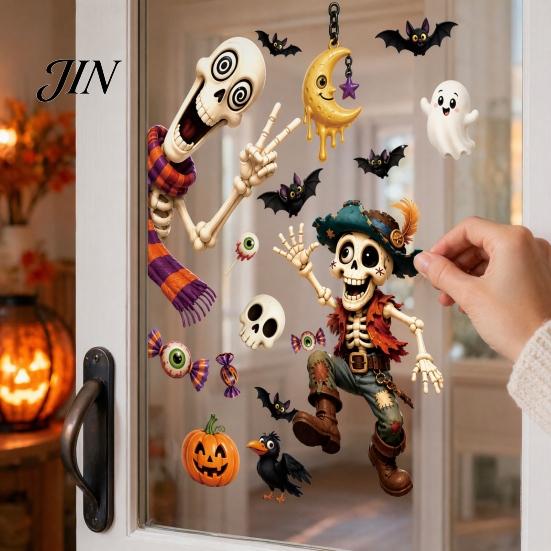 Translucent Halloween Window Cling 2 Sheets Clings, Cartoon Skeleton Static Stickers, Funny Stickers Ghosts Bats Pumpkins for Glass Doors Windows