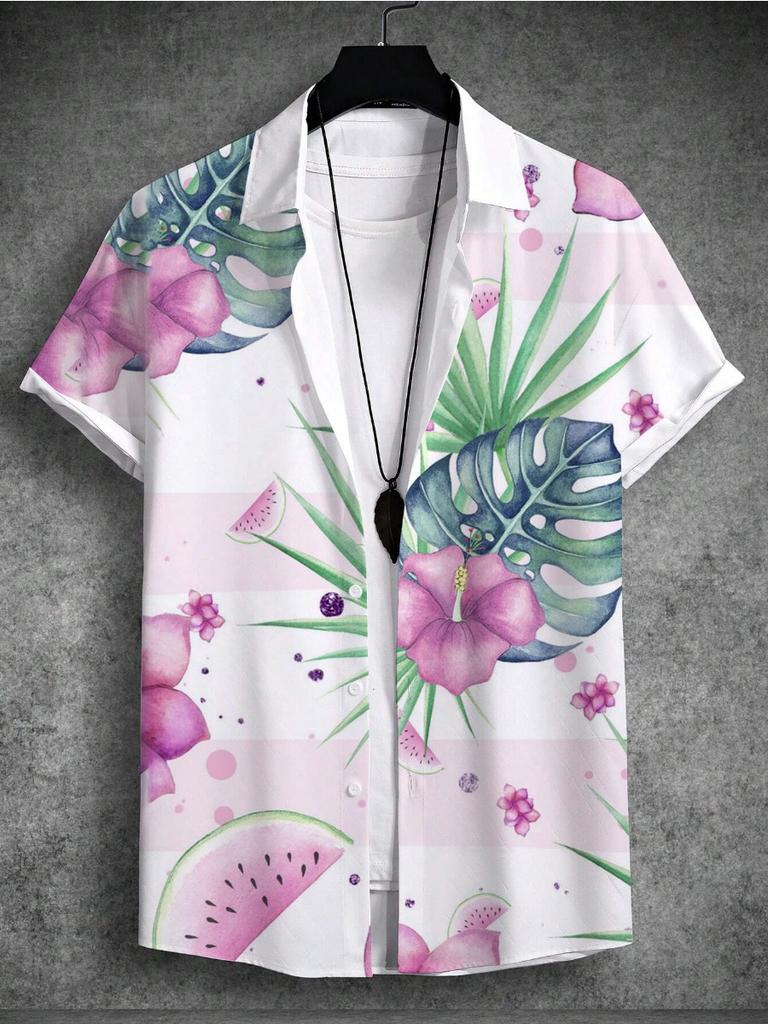 Summer 3d Print Men'sShirt Tropical Hawaiian Beach Vacation Plant Coconut Tree Short Sleeve T-Shirt 4-Way Stretch Fabric Shirt