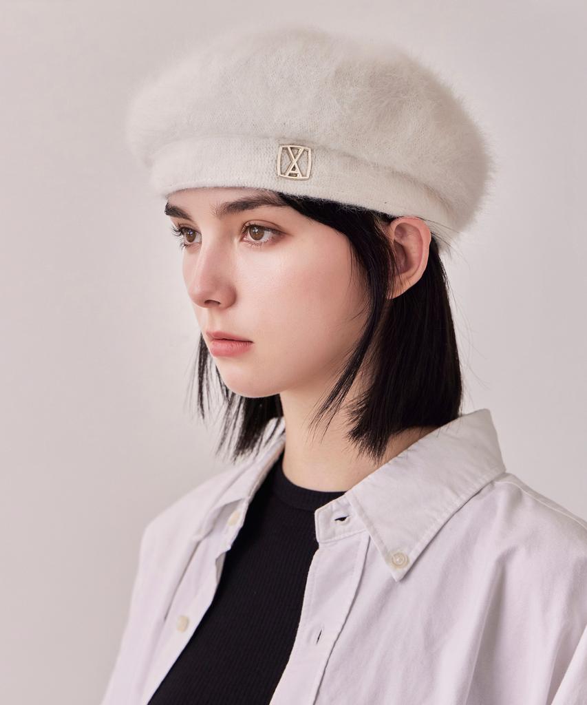 Bajal Va Square Studded Angora Beret Cream