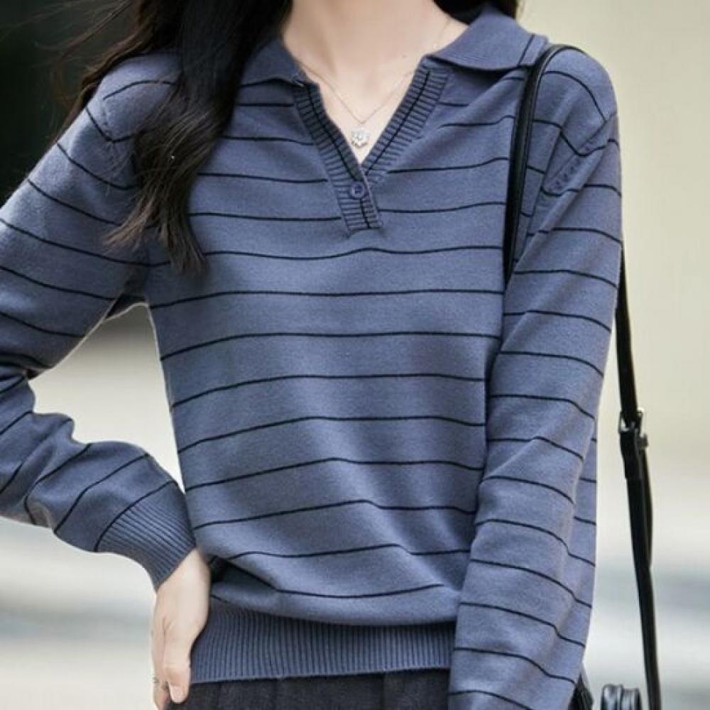 Navava Women Casual STriped Collar Long Sleeve KniT T shirT Nk3600