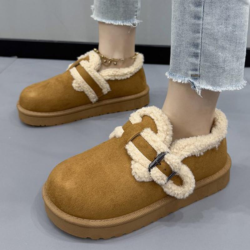 Comfortable Buckle Strap Snow Boots Women Patchwork Round Toe Warm Flats Boots Woman Winter  Faux Fur Warm Botas Ladies