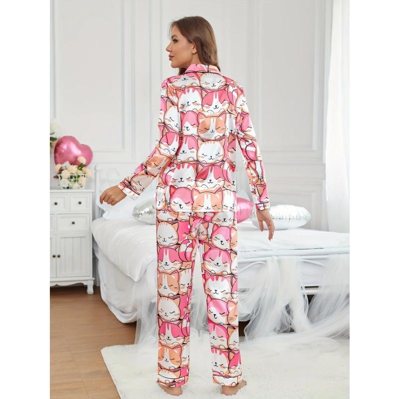 Chic Cat Print Women's Pajama Set - Long Sleeve, Button-Up Top & Pants Loungewear with Collar, Cozy Polyester Blend, Machine Was