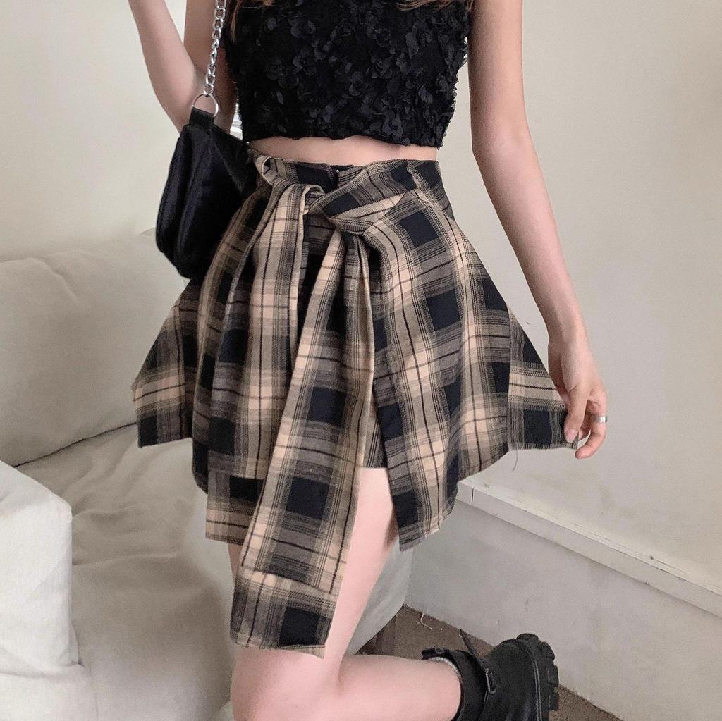 Jupe-Shorts Plissée Irrégulière Rétro à Carreaux Taille Haute 2025 pour Femmes