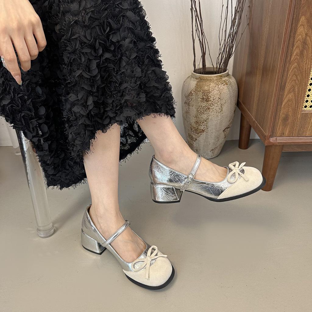 French Retro Color Matching Thick Heel Increased Mary Jane Shoes Women's 2025 Summer New One-word Buckle with Bow Single Shoes