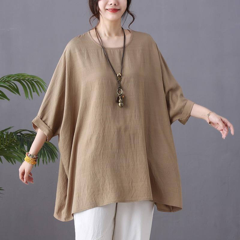 Sommer Baumwolle Hanf Bluse Künstlerisch Locker Lässig Fledermausärmel Großer Rundhalsausschnitt Oberteil T-Shirt für Damen