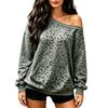 Women's Casual Round Neck Cold Shoulder Leopard Print Long Sleeve Loose Fit Sweatshirt with Pockets