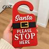 Front Door Decoration Christmas Hanger Sign with Santa Please Stop Here Text, Wooden Home Welcome Claus Belt Hanging for Holiday Party Decor