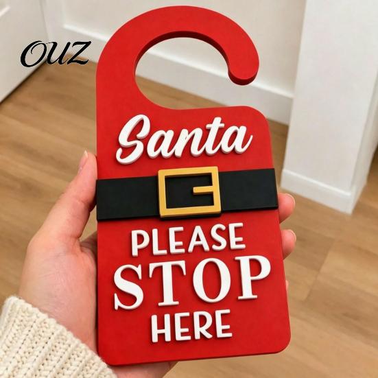 Front Door Decoration Christmas Hanger Sign with Santa Please Stop Here Text, Wooden Home Welcome Claus Belt Hanging for Holiday Party Decor
