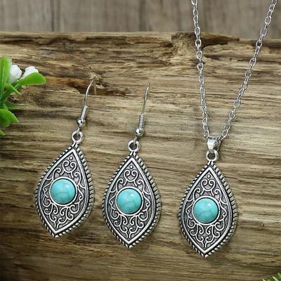 GemChic Women's New Vintage Alloy Turquoise Pendant Necklace Earrings Two Piece Set Classical Birthday Christmas Jewelry Gift