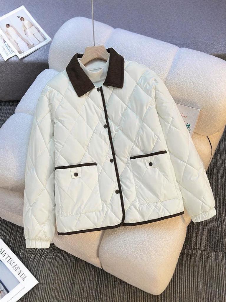 Cross-Diamond Quilted Down Collar Color-Block Slimming Winter Jacket 2026 - Trendy Versatile Short & Loose Fit