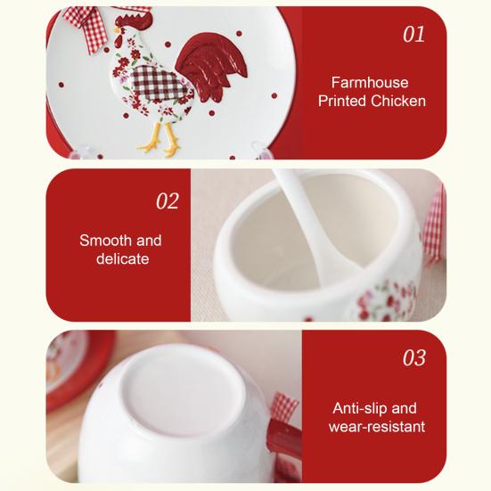 Keramikschale Teller Tasse Set Rote Blume Bräter Keksglas Hühnerförmige Keksdose für Gewürze Zucker Snacks Bauernhaus Dekor Ostergeschenk