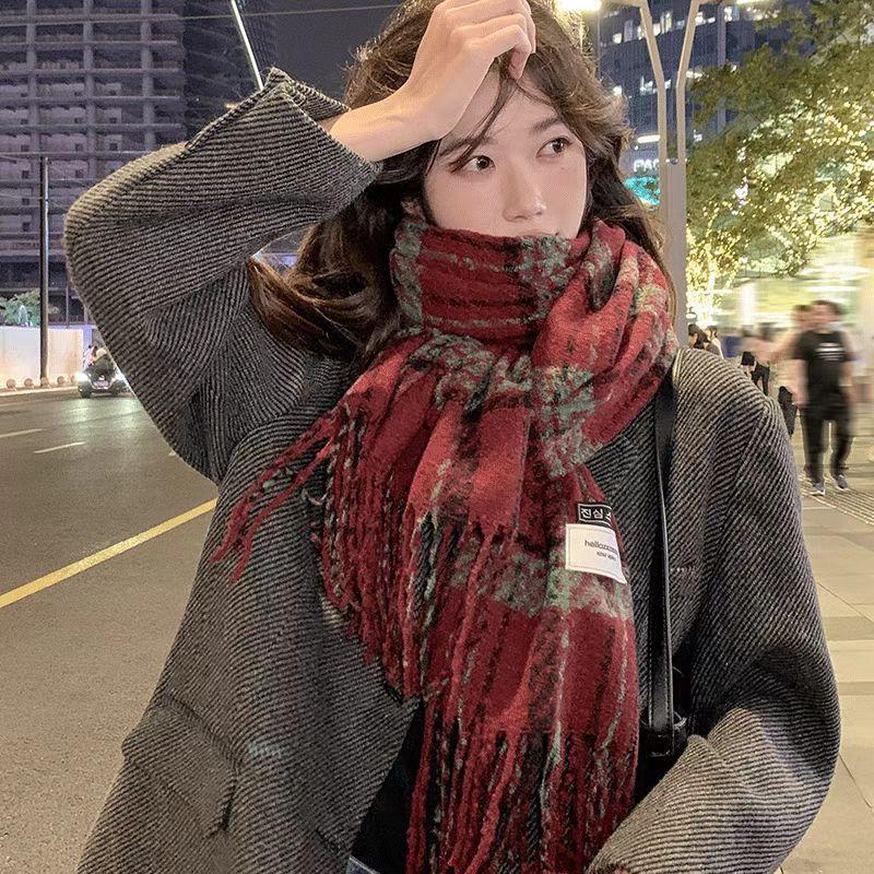 Korean version double-sided red plaid scarf women's winter warm shawl versatile high-end scarf student thickened
