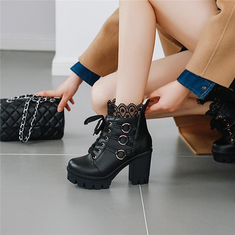 FOREADA Women Ankle Boots Round Toe Thick High Heels Metal Decoration Zipper Lace-up Platform Short Boots Ladies Fashion Shoes Black Autumn Winter