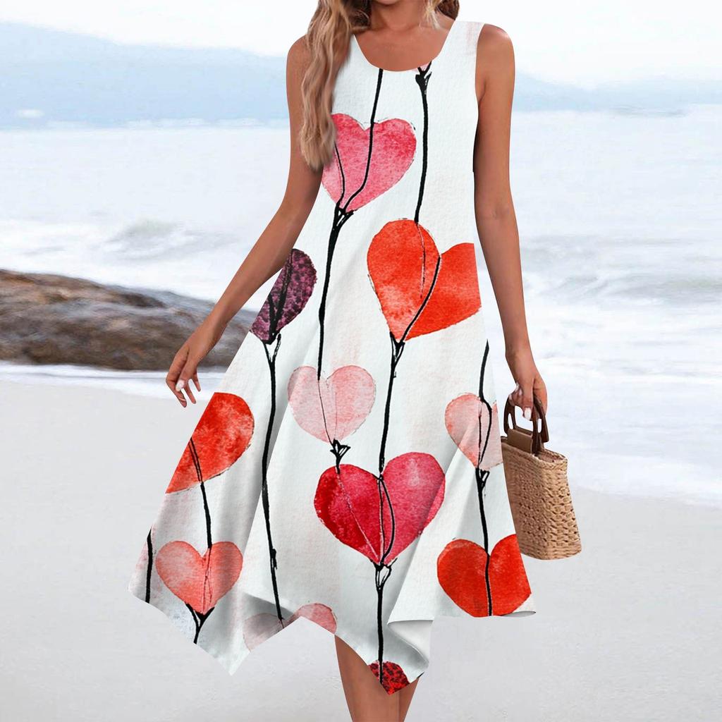 Lässiges, modisches Damen-Midikleid mit Rundhalsausschnitt, ärmellosem Aufdruck und unregelmäßigem Saum
