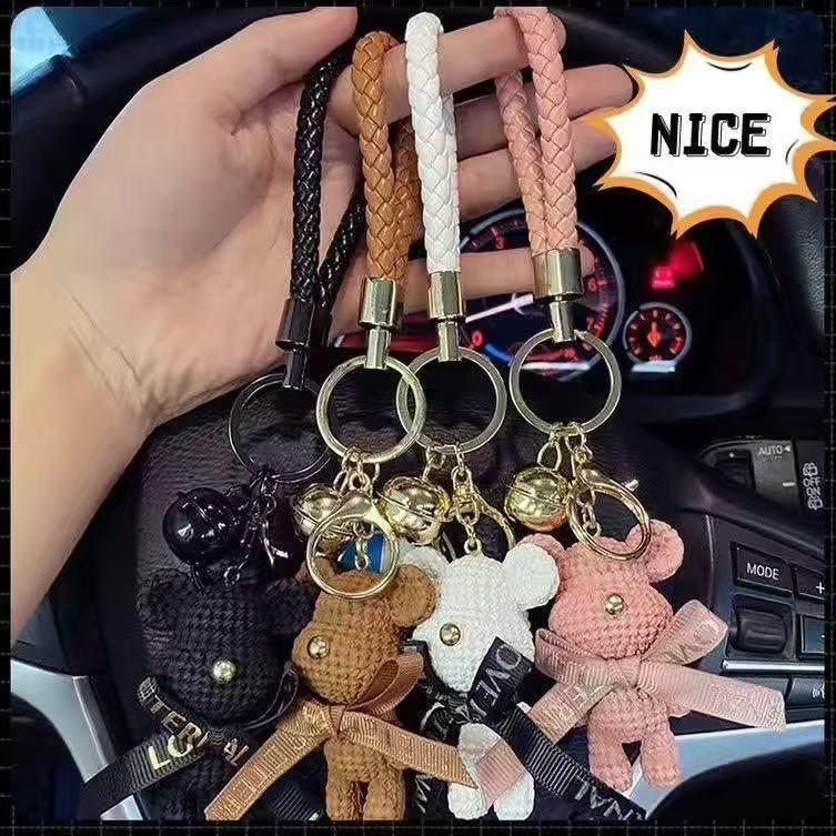 Trendy Knitted Bear Keychain: 3D Cartoon Figurine Pendant for Backpacks & Cars, Women's Cute Ornament Gift.